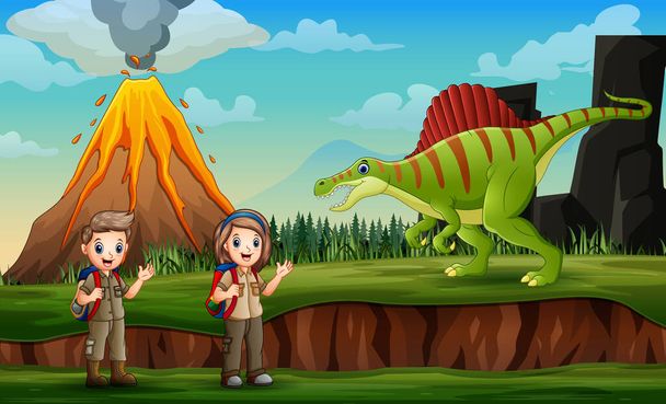 Happy scouts and a dinosaurs on the hill - Vector, Image