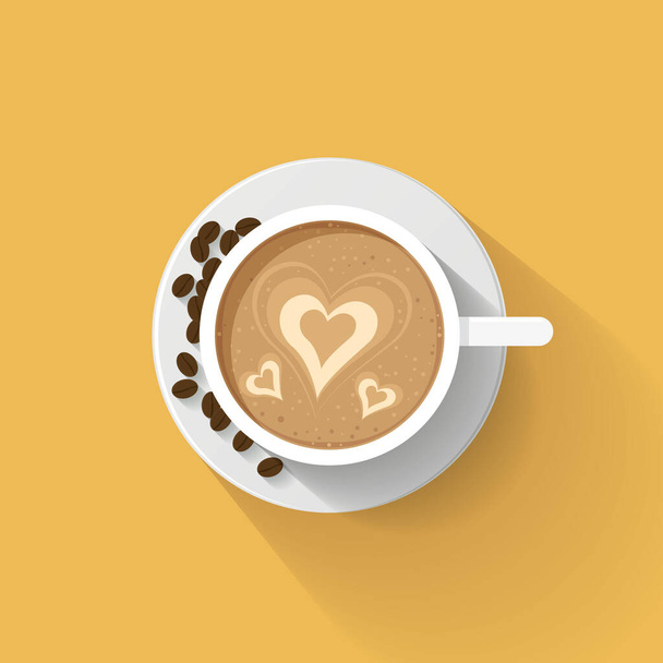 Tasse à café vue du dessus, cœurs latte sur le dessus et grains de café, illustration vectorielle. - Vecteur, image