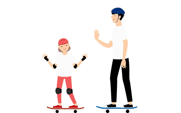 スケートボードで父親に笑顔を見せる女の子. - ベクター画像