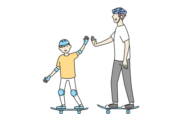 A boy riding a skateboard and high-fiving his father. - Vector, Image