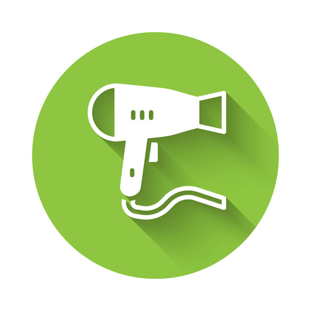 White Hair dryer icon isolated with long shadow. Hairdryer sign. Hair drying symbol. Blowing hot air. Green circle button. Vector - Vector, Image