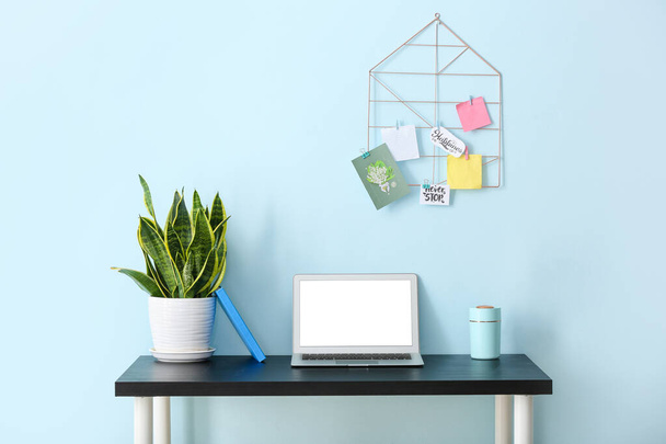 Laptop, humidifier and houseplant on table near color wall - Photo, Image