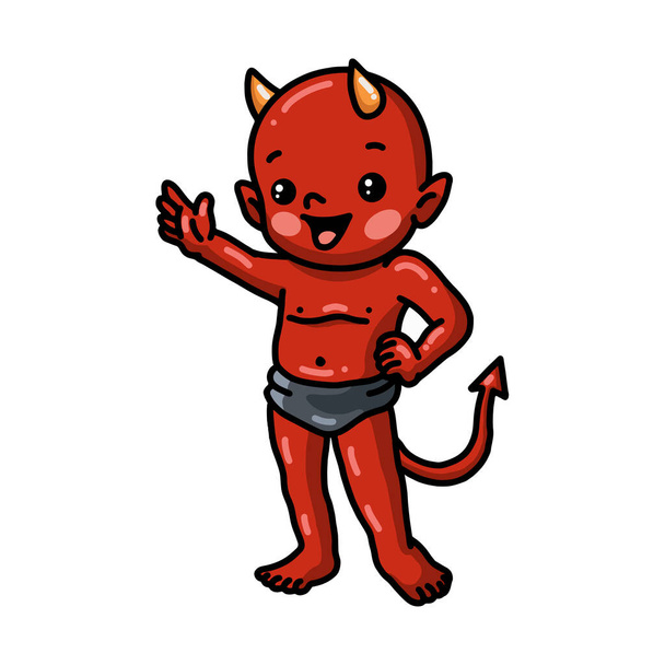 Vector illustration of Cute little devil cartoon waving hand - Vector, imagen