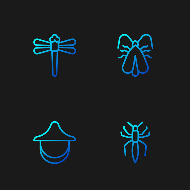Set line Spider, Beekeeper hat, Dragonfly y Clothes moth. Iconos de color degradado. Vector - Vector, Imagen