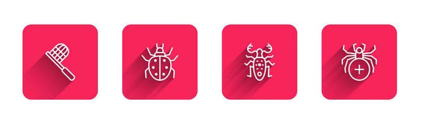 Set line Butterfly net, Mite, Beetle deer and Spider with long shadow. Red square button. Vector - Vector, Image