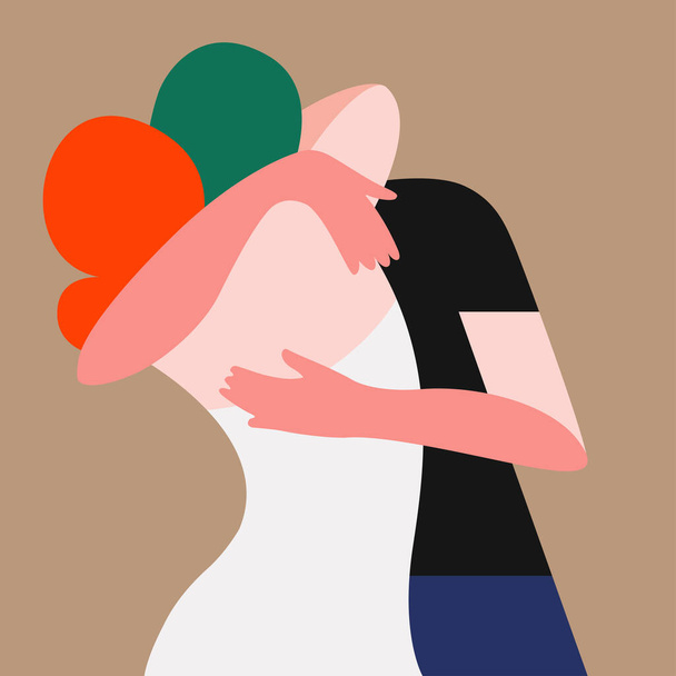 векторная иллюстрация двух влюбленных людей, обнимающихся в красивой цветовой палитре. может использоваться в качестве открытки ко Дню святого Валентина или Международному дню объятий, для печати, приглашений на свадьбу, для графического и веб-дизайна. - Вектор,изображение