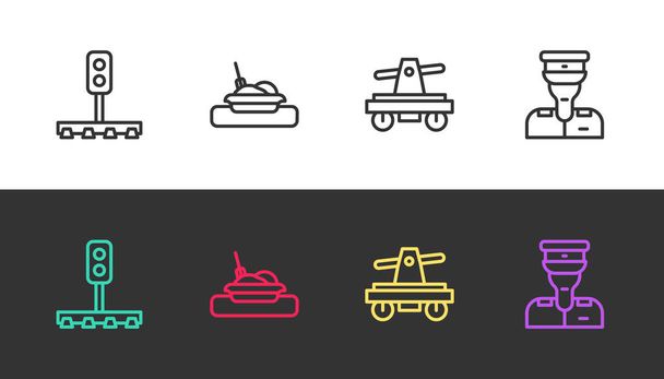 Set línea Trenes semáforo, Placa con comida, Cocina o handcar y conductor en blanco y negro. Vector - Vector, Imagen