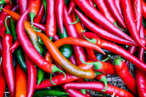 Φρέσκο κόκκινο τσίλι πιπέρι ομάδα στην κορυφή θέα, λαχανικά για το μαγείρεμα που δίνουν μια πικάντικη γεύση, κόκκινο τσίλι πιπέρι υφή φόντο - Φωτογραφία, εικόνα