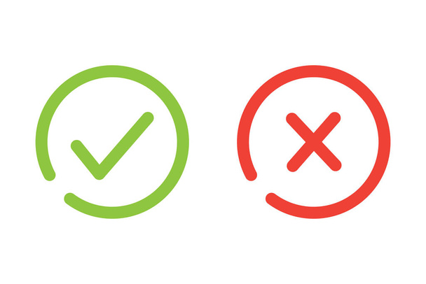Τικ και σταυρόλεξα. Πράσινο σημάδι ελέγχου OK και κόκκινο Χ διάνυσμα εικονίδια. Σύμβολα κύκλου ΝΑΙ και ΟΧΙ κουμπί για ψηφοφορία, απόφαση, web, λογότυπο, app, UI. απεικόνιση. - Διάνυσμα, εικόνα
