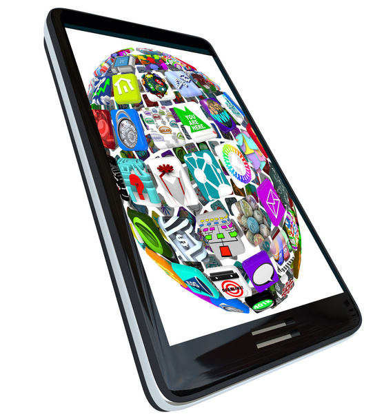 uygulama simgeleri bir küre model modern siyah akıllı telefon görüntülenen - Fotoğraf, Görsel