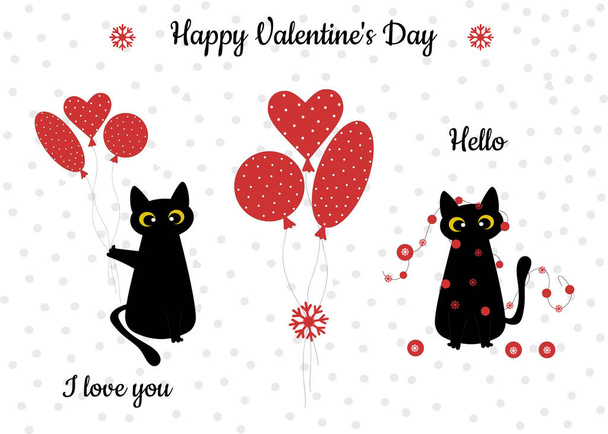 Black cat and red balloons with polka dots on. Festive winter card for Valentine's Day. Pattern for fashionable prints on cups, textiles, clothing, gliders, decorative pillows. Vector. - Vecteur, image
