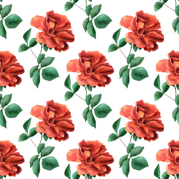 Modèle de roses rouges sans couture. Aquarelle fond avec rose vif fleur avec des feuilles et une branche pour le textile, fonds d'écran, souvenirs - Photo, image