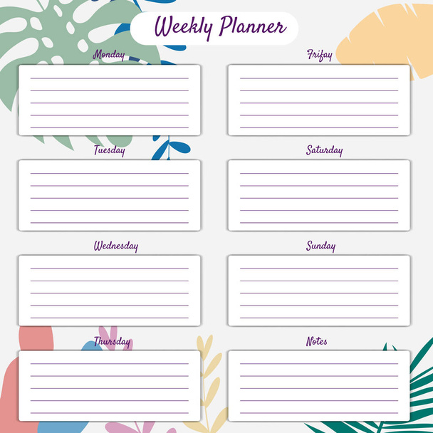 Weekly Planner template vector. Palms floral decoration background. Business notebook management, organizer - Vector, Image