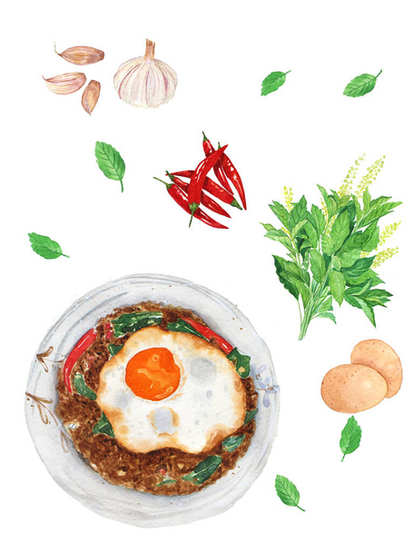 Thai Stir-Fried Minced Beef with Holy basil and Crispy Fried egg watercolor, Thai dish - Photo, Image