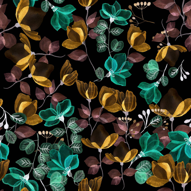 Seamless pattern black background with green and gold transparent petals - Fotografie, Obrázek
