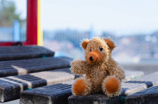 Szczęśliwy miś siedzi na placu zabaw w parku publicznym w słoneczny dzień Wiosna, High key light Brown Bear siedzi na świeżym powietrzu z rozmytym rano światło bokeh tło na lato. - Zdjęcie, obraz