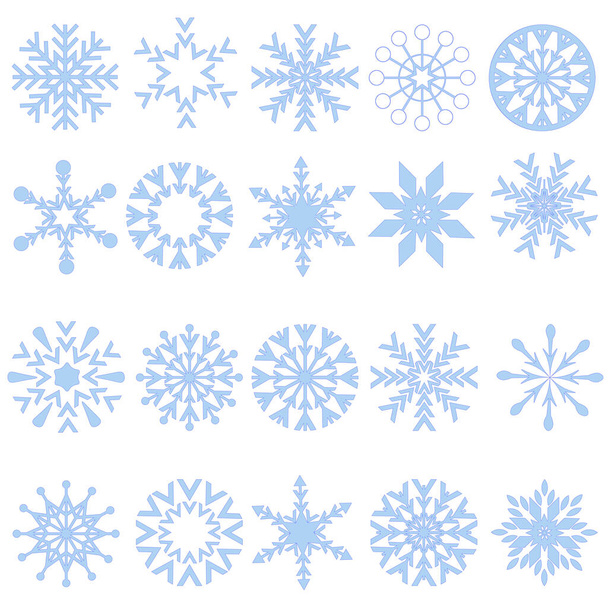 20 różnych niebieskich płatków śniegu izolowanych na białym tle, sztuka klipów, wektor. - Wektor, obraz