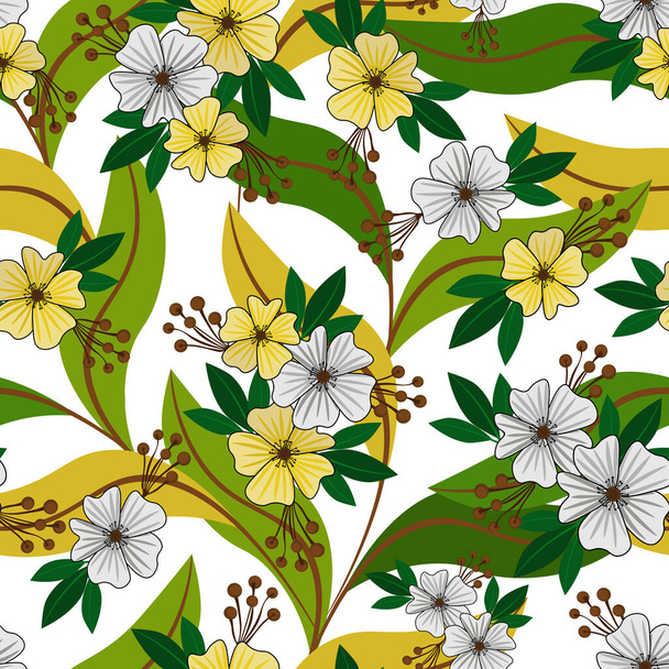 Blooming yellow and white flowers with green leaves on white background. - ベクター画像