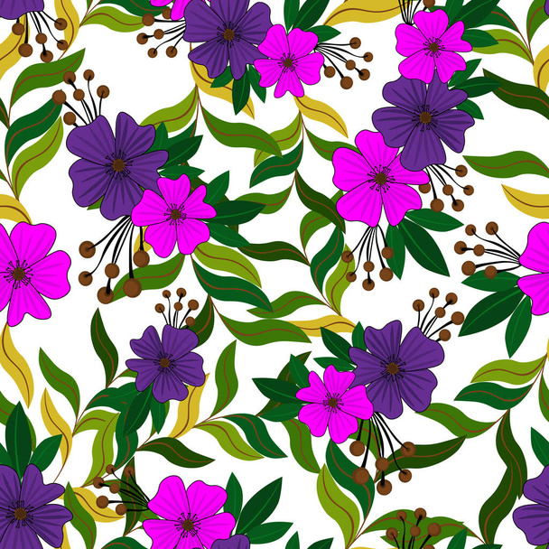 Blooming pink and lilac flowers with green leaves on white background. Seamless floral pattern, vector. - Vector, Image