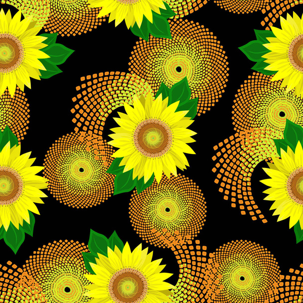 Zonnebloemen met abstracte patronen op zwarte achtergrond. Bloemen naadloos patroon, vector. - Vector, afbeelding