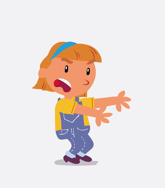 Personaje de dibujos animados muy enojado de niña en jeans apuntando a algo al lado - Vector, imagen