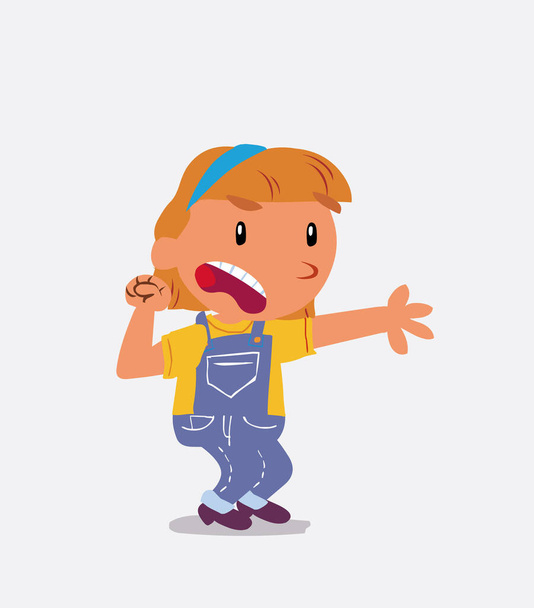 Personagem de desenho animado muito irritado de menina em jeans apontando para algo - Vetor, Imagem