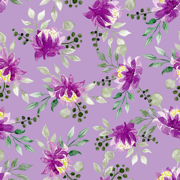 Seamless floral pattern. Watercolour lilac wildflowers on a lilac background. - Foto, imagen