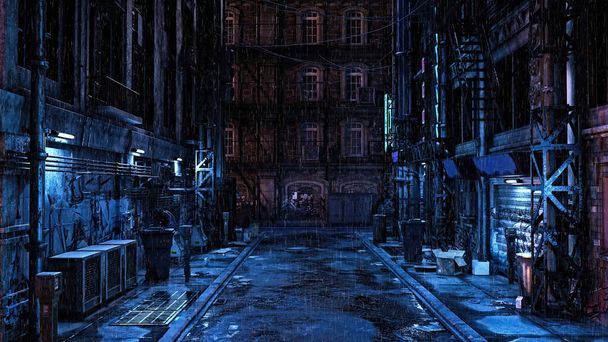Geceleyin yağmurda karanlık, köhne, kentsel arka sokak. Siber punk konsepti 3 boyutlu illüstrasyon. - Fotoğraf, Görsel
