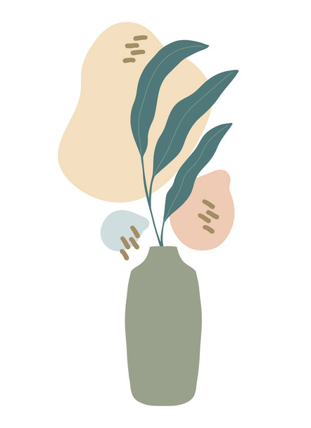 Абстрактная ботаническая композиция коллаж с вазой, силуэтом ветвей листьев, блобами неправильной органической формы, нарисованными вручную. Современное настенное искусство, модный минималистский стиль. Вектор изолирован. - Вектор,изображение