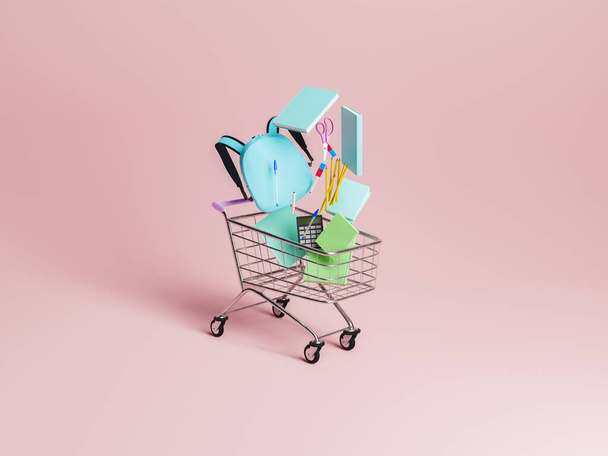shopping cart with school supplies falling inside it with pastel red minimalistic background. concept of education, back to school and school shopping. 3d rendering - Photo, Image