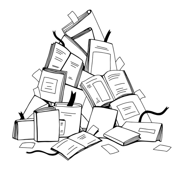 ένα μάτσο βιβλία, βιβλία και σημειωματάρια. διάνυσμα μαύρο λευκό γραφικό επίπεδη απεικόνιση. απομονωμένο σε λευκό - Διάνυσμα, εικόνα