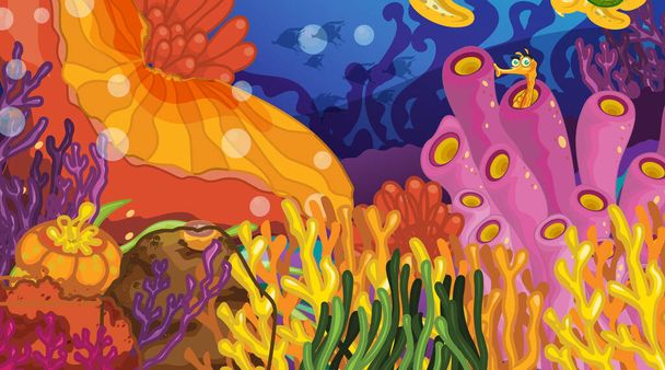 様々な熱帯サンゴ礁のイラストが描かれた水中シーン - ベクター画像