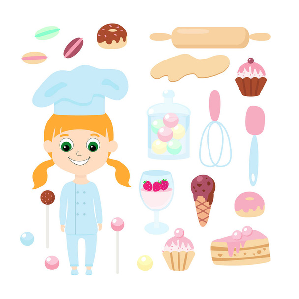 シェフとお菓子の種類を設定します。生地、生地、クリーミーなデザート、マフィンとカップケーキ、ドーナツ、マカロン、キャンディーポップ、ロリポップ、アイスクリーム、泡立て器、漫画の子供のスタイルでケーキのためのペストリーシェフの女の子とローリングピン.  - ベクター画像