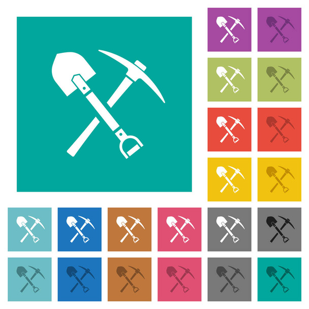 shovel and pickaxe multi colored flat icons on plain square backgrounds. Included white and darker icon variations for hover or active effects. - Vector, imagen