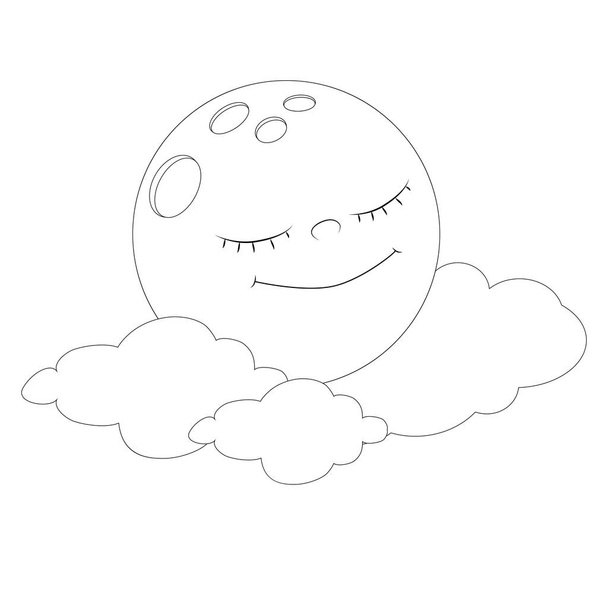 Uroczy księżyc śpi w chmurach i uśmiecha się szczęśliwie. Kreskówkowo pozytywny obiekt niebiański. Ilustracja wektorowa dla dzieci kolorowanki lub strony, wzory i druki. - Wektor, obraz