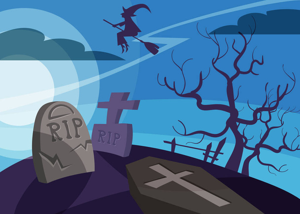 Bannière avec sorcière survolant le cimetière. - Vecteur, image