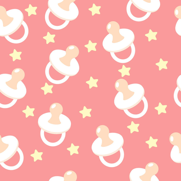 Naadloos patroon in cartoon stijl voor kindertextiel, behang, verpakking, sites. Baby witte fopspeen en sterren op een roze achtergrond. - Vector, afbeelding