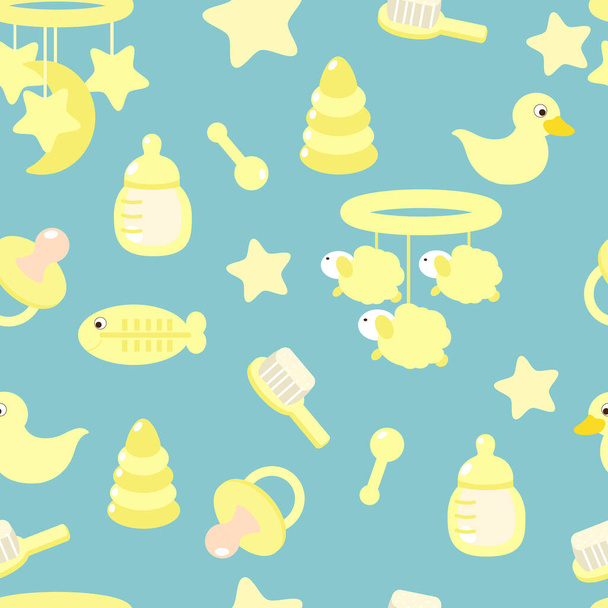 Seamless pattern in cartoon style for children's textiles, wallpaper, packaging, sites. Baby items feeding bottle, comb, mobile, dummy, yellow rattle on a blue background. - Vector, Image