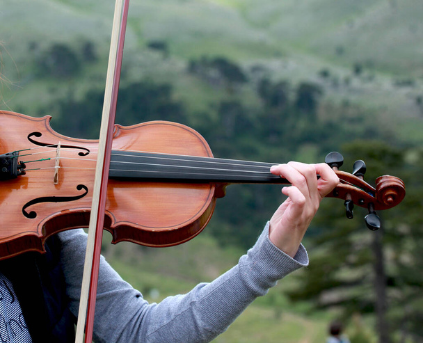 Γυναίκα βιολιστής παίζει βιολί στη φύση - Φωτογραφία, εικόνα