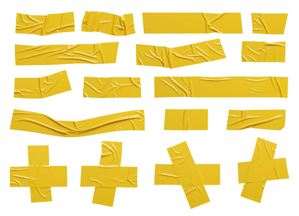 морщинистая желтая клейкая лента. изолированный набор кусочков скотча. - Фото, изображение