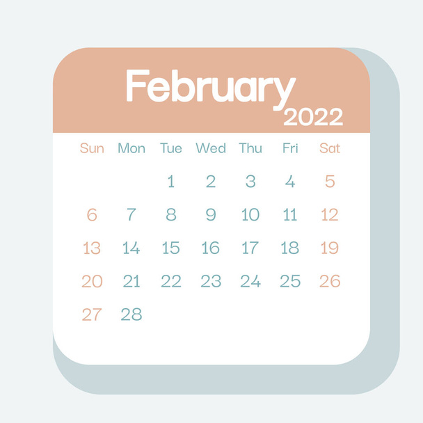 Kalenderplaner Februar 2022 in Pastellfarbe, Wochenbeginn am Sonntag, Vorlage, Kalenderblatt-Attrappe - Illustration. Vektorgrafik - Vektor, Bild