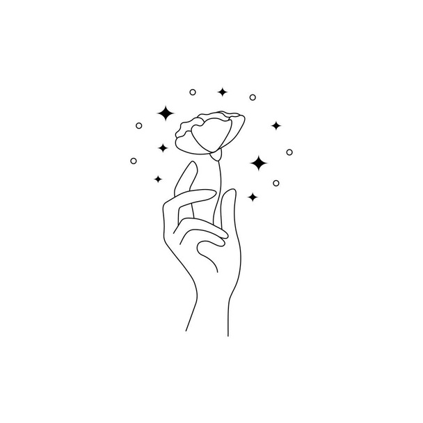 Boho mão desenhado logotipo mágico. Mínimo místico boêmio linha mão segurar panfleto esotérico tatuagem sinal, design de ilustração vetorial - Vetor, Imagem
