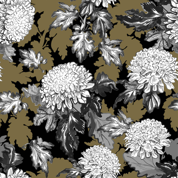 Chrysanthemum flowers drawn by hand vintage seamless pattern. - Fotoğraf, Görsel