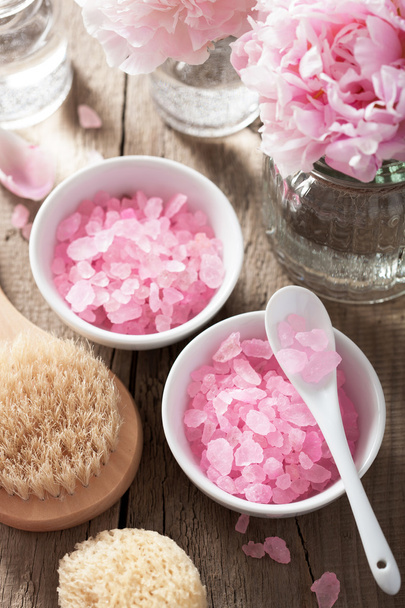 spa set with peony flowers and pink herbal salt - Photo, Image