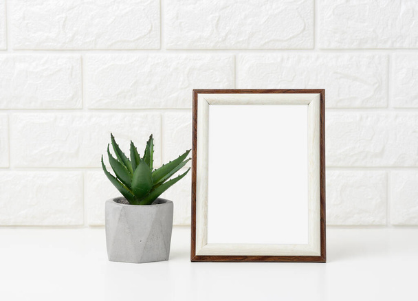lege witte houten fotolijst en bloempotten met planten op witte tafel, witte achtergrond - Foto, afbeelding