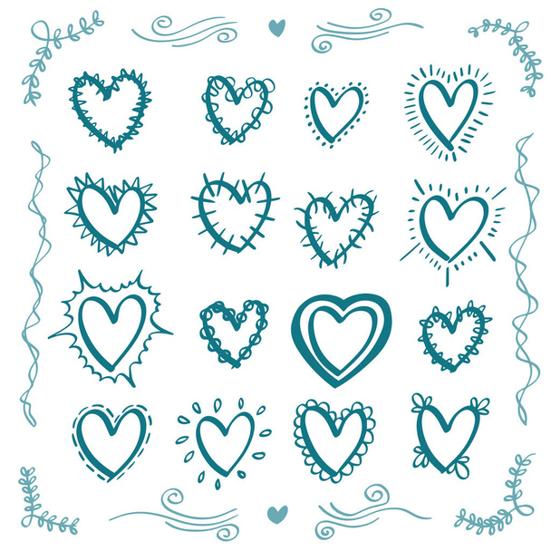 Шестнадцать нарисованных вручную милых векторных сердец - Вектор,изображение