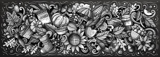Jesień natura ręcznie rysowane kreskówki doodle ilustracji. Zabawny sezonowy design. Twórcze tło rastrowe sztuki. Kompozycja graficzna z elementami i obiektami upadkowymi. - Zdjęcie, obraz