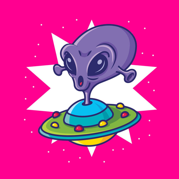 Cartoon cute Alien riding spaceship UFO in star galaxy - Vector, Imagen