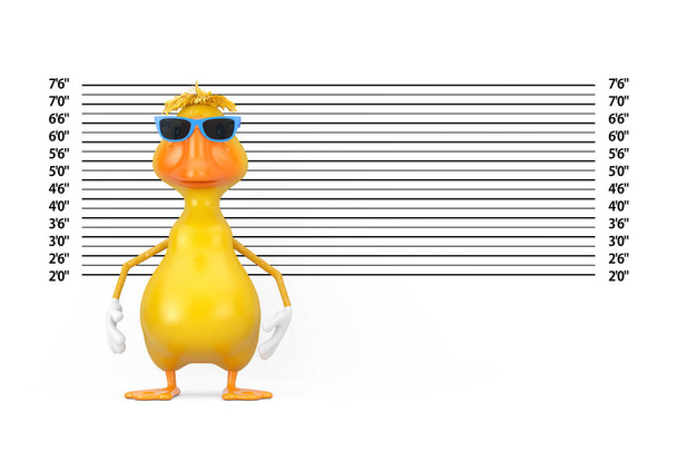 Cute Yellow Cartoon Duck Persona Personaje Mascota en frente de la alineación de la policía o Mugshot Fondo primer plano extremo. Renderizado 3d - Foto, imagen