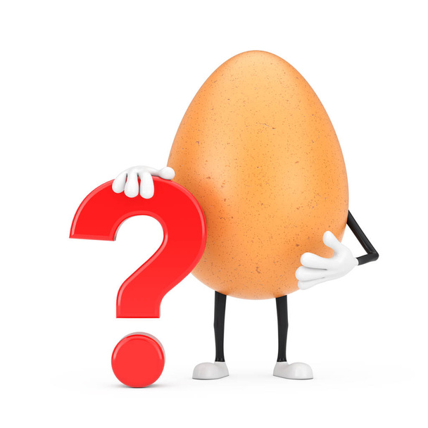 Brown Chicken Egg Person Character Mascot with Red Question Mark Sign on a white background. 3d Rendering - Photo, Image